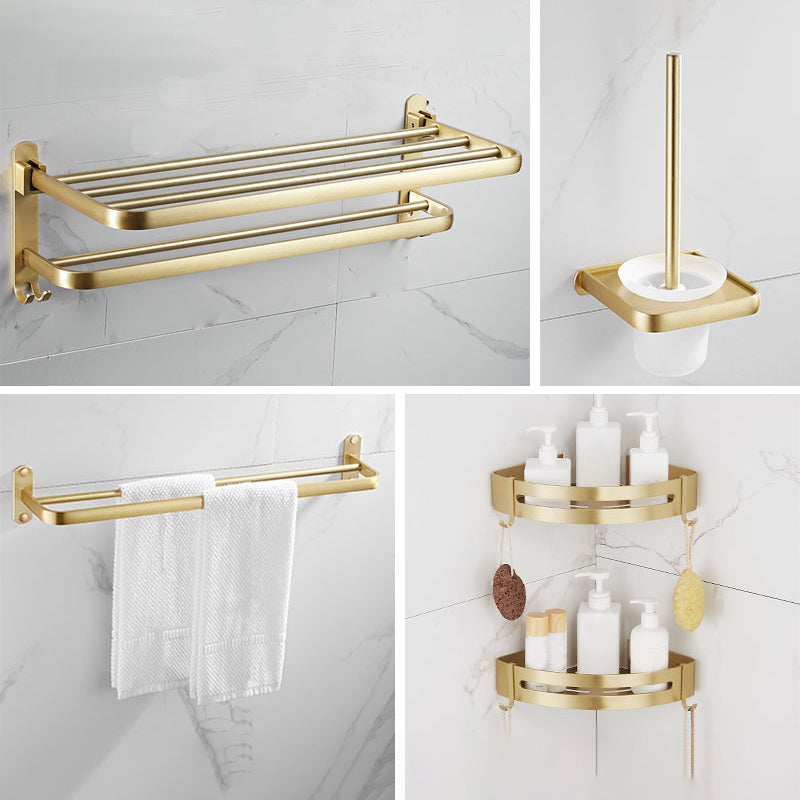 Modern Gold Bathroom Accessory Kit Towel Bar Bath Shelf Bath Hardware Set 5-Piece Set (Toilet Brush) Clearhalo 'Bathroom Hardware Sets' 'Bathroom Hardware' 'Bathroom Remodel & Bathroom Fixtures' 'bathroom_hardware_sets' 'Home Improvement' 'home_improvement' 'home_improvement_bathroom_hardware_sets' 7232281