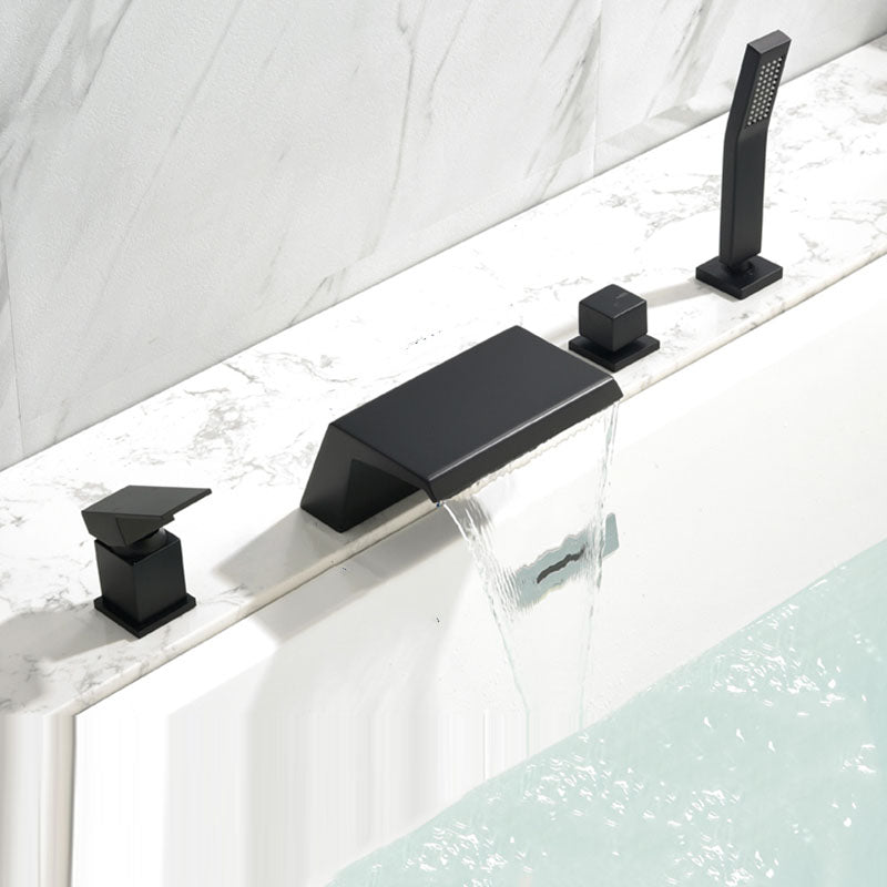 Brass Roman Bathtub Faucet Waterfall Spout Tub Faucet with Hand Shower Black V Shape Clearhalo 'Bathroom Remodel & Bathroom Fixtures' 'Bathtub Faucets' 'bathtub_faucets' 'Home Improvement' 'home_improvement' 'home_improvement_bathtub_faucets' 7233757