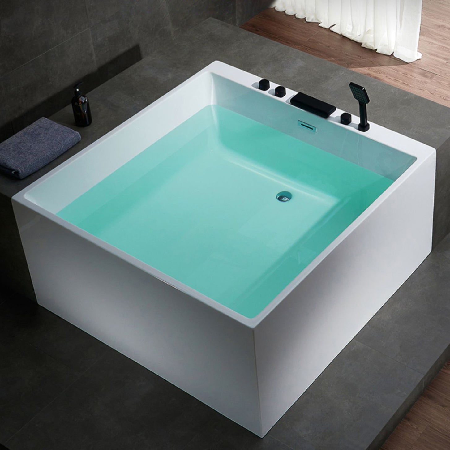 Modern Square Bath Stand Alone Acrylic Soaking White Bathtub Ivory 43"L x 43"W x 25"H Tub with Black 5-Piece Set Clearhalo 'Bathroom Remodel & Bathroom Fixtures' 'Bathtubs' 'Home Improvement' 'home_improvement' 'home_improvement_bathtubs' 'Showers & Bathtubs' 7236037