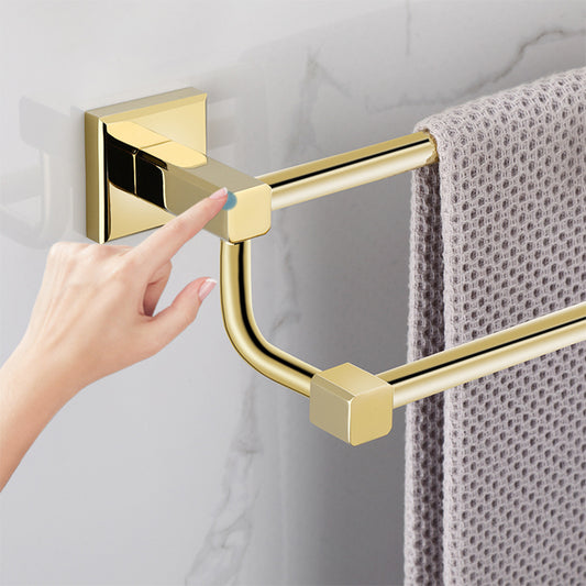 Gold Modern Bathroom Set, Polished Gold, 4 Piece, Towel Bar, Paper Holder Clearhalo 'Bathroom Hardware Sets' 'Bathroom Hardware' 'Bathroom Remodel & Bathroom Fixtures' 'bathroom_hardware_sets' 'Home Improvement' 'home_improvement' 'home_improvement_bathroom_hardware_sets' 7240439