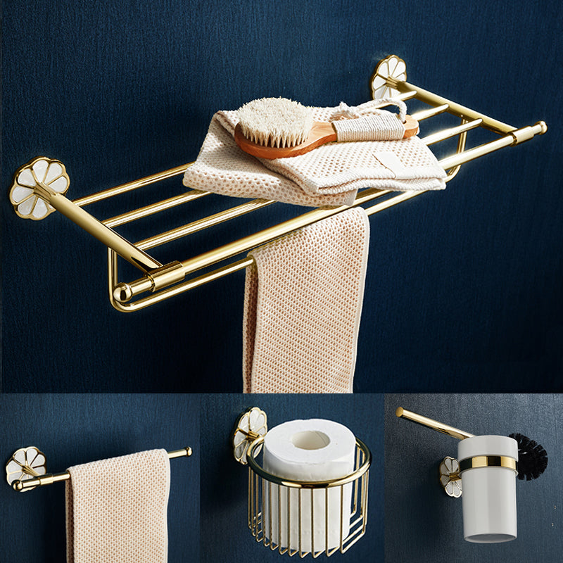 Gold Modern Bathroom Accessory Set, Bath Shelf, Towel Bar, Paper Holder, Robe Hooks Clearhalo 'Bathroom Hardware Sets' 'Bathroom Hardware' 'Bathroom Remodel & Bathroom Fixtures' 'bathroom_hardware_sets' 'Home Improvement' 'home_improvement' 'home_improvement_bathroom_hardware_sets' 7240449