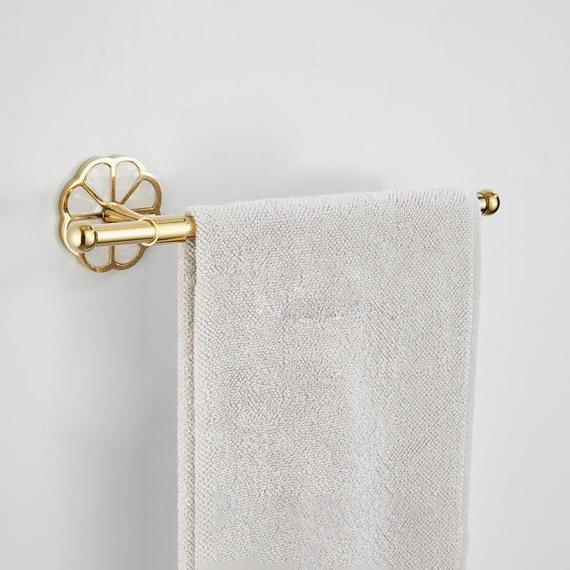 Gold Modern Bathroom Accessory Set, Bath Shelf, Towel Bar, Paper Holder, Robe Hooks Towel Bar Clearhalo 'Bathroom Hardware Sets' 'Bathroom Hardware' 'Bathroom Remodel & Bathroom Fixtures' 'bathroom_hardware_sets' 'Home Improvement' 'home_improvement' 'home_improvement_bathroom_hardware_sets' 7240450