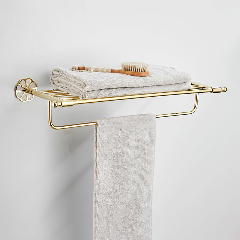 Gold Modern Bathroom Accessory Set, Bath Shelf, Towel Bar, Paper Holder, Robe Hooks Towel Rack Clearhalo 'Bathroom Hardware Sets' 'Bathroom Hardware' 'Bathroom Remodel & Bathroom Fixtures' 'bathroom_hardware_sets' 'Home Improvement' 'home_improvement' 'home_improvement_bathroom_hardware_sets' 7240455