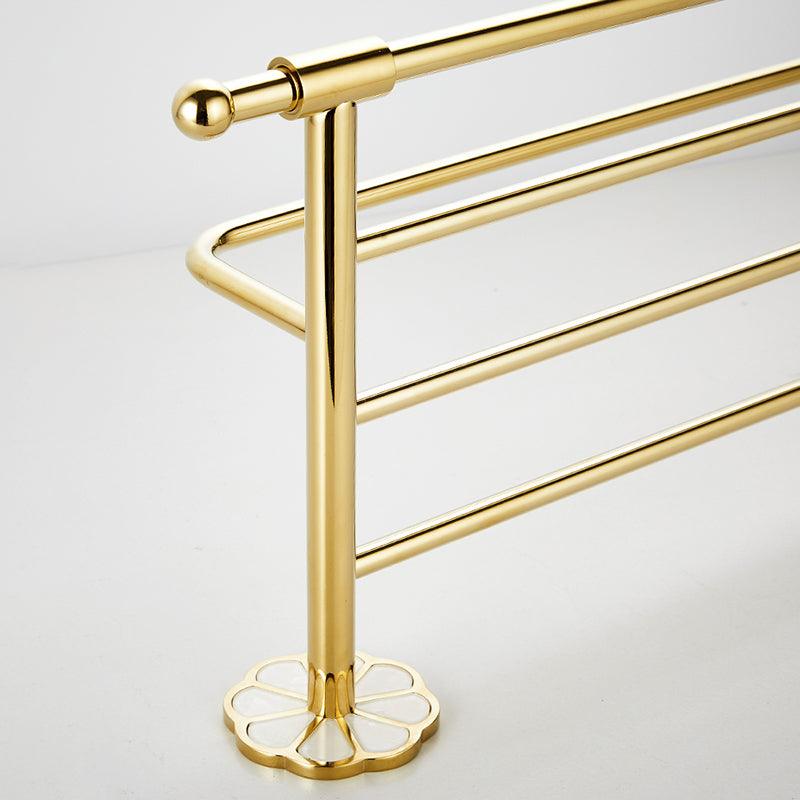 Gold Modern Bathroom Accessory Set, Bath Shelf, Towel Bar, Paper Holder, Robe Hooks Clearhalo 'Bathroom Hardware Sets' 'Bathroom Hardware' 'Bathroom Remodel & Bathroom Fixtures' 'bathroom_hardware_sets' 'Home Improvement' 'home_improvement' 'home_improvement_bathroom_hardware_sets' 7240460