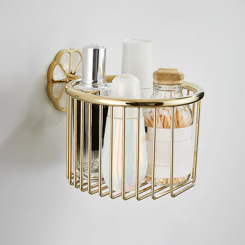 Gold Modern Bathroom Accessory Set, Bath Shelf, Towel Bar, Paper Holder, Robe Hooks Tissue Basket Clearhalo 'Bathroom Hardware Sets' 'Bathroom Hardware' 'Bathroom Remodel & Bathroom Fixtures' 'bathroom_hardware_sets' 'Home Improvement' 'home_improvement' 'home_improvement_bathroom_hardware_sets' 7240465