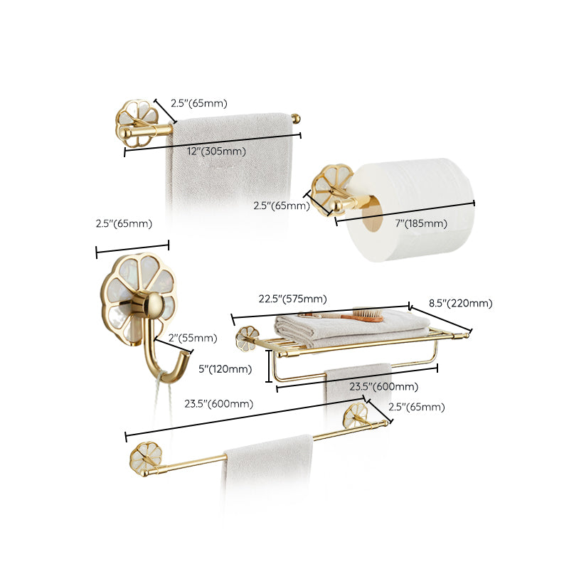 Gold Modern Bathroom Accessory Set, Bath Shelf, Towel Bar, Paper Holder, Robe Hooks Clearhalo 'Bathroom Hardware Sets' 'Bathroom Hardware' 'Bathroom Remodel & Bathroom Fixtures' 'bathroom_hardware_sets' 'Home Improvement' 'home_improvement' 'home_improvement_bathroom_hardware_sets' 7240468