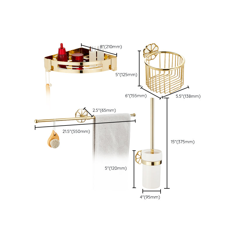 Gold Modern Bathroom Accessory Set, Bath Shelf, Towel Bar, Paper Holder, Robe Hooks Clearhalo 'Bathroom Hardware Sets' 'Bathroom Hardware' 'Bathroom Remodel & Bathroom Fixtures' 'bathroom_hardware_sets' 'Home Improvement' 'home_improvement' 'home_improvement_bathroom_hardware_sets' 7240469