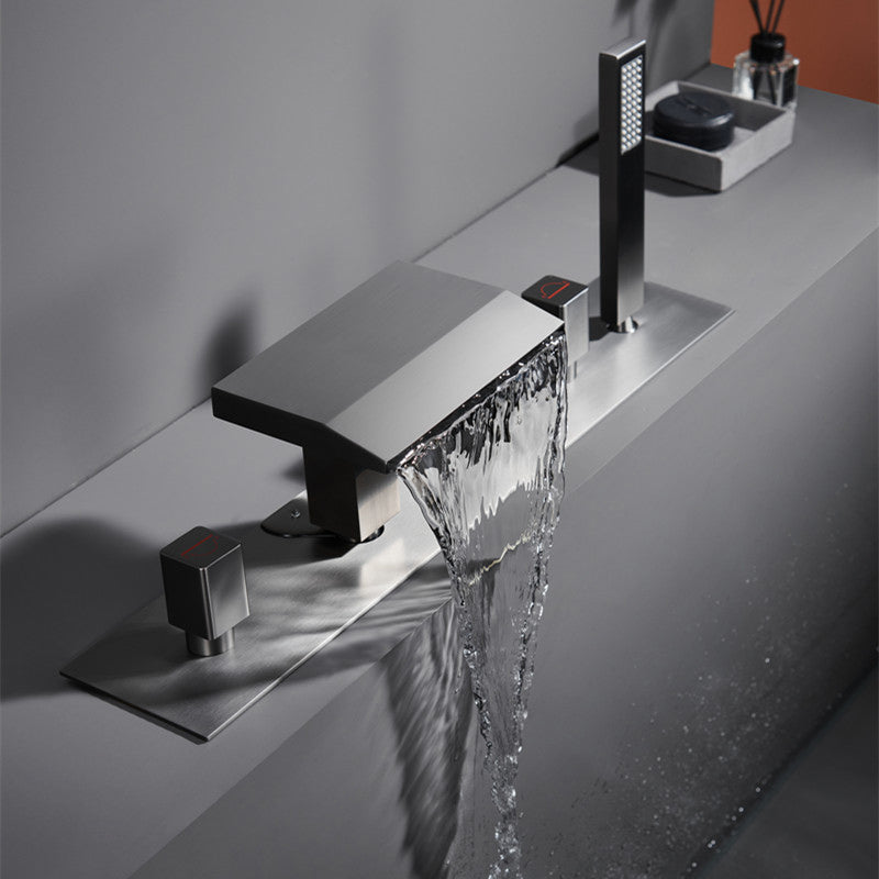 Modern Bath Faucet Trim Brass with Handheld Shower Deck-Mount Roman Bathtub Faucet Gun Grey Clearhalo 'Bathroom Remodel & Bathroom Fixtures' 'Bathtub Faucets' 'bathtub_faucets' 'Home Improvement' 'home_improvement' 'home_improvement_bathtub_faucets' 7242504