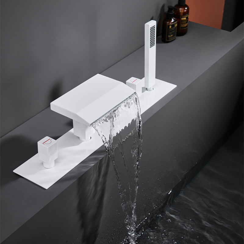 Modern Bath Faucet Trim Brass with Handheld Shower Deck-Mount Roman Bathtub Faucet White Clearhalo 'Bathroom Remodel & Bathroom Fixtures' 'Bathtub Faucets' 'bathtub_faucets' 'Home Improvement' 'home_improvement' 'home_improvement_bathtub_faucets' 7242507