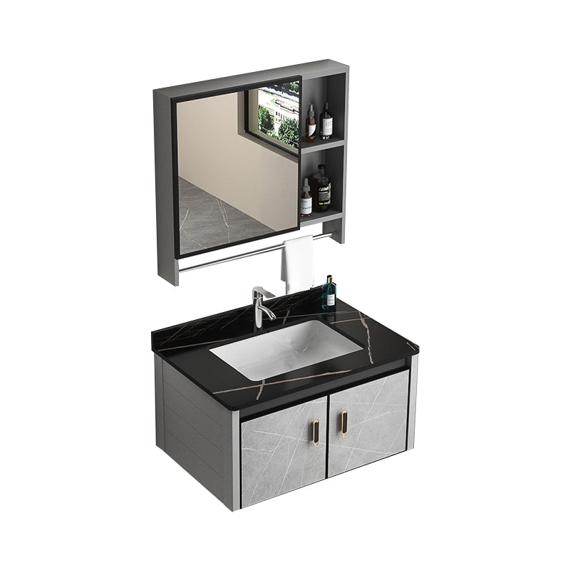 Modern Metal Sink Vanity Wood Wall Mount Faucet Included Bathroom Vanity Vanity & Faucet & Mirror Cabinet 28"L x 19"W x 16"H Black Clearhalo 'Bathroom Remodel & Bathroom Fixtures' 'Bathroom Vanities' 'bathroom_vanities' 'Home Improvement' 'home_improvement' 'home_improvement_bathroom_vanities' 7250326