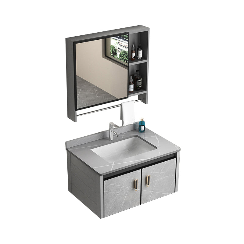 Modern Metal Sink Vanity Wood Wall Mount Faucet Included Bathroom Vanity Vanity & Faucet & Mirror Cabinet 28"L x 19"W x 16"H Gray Clearhalo 'Bathroom Remodel & Bathroom Fixtures' 'Bathroom Vanities' 'bathroom_vanities' 'Home Improvement' 'home_improvement' 'home_improvement_bathroom_vanities' 7250332