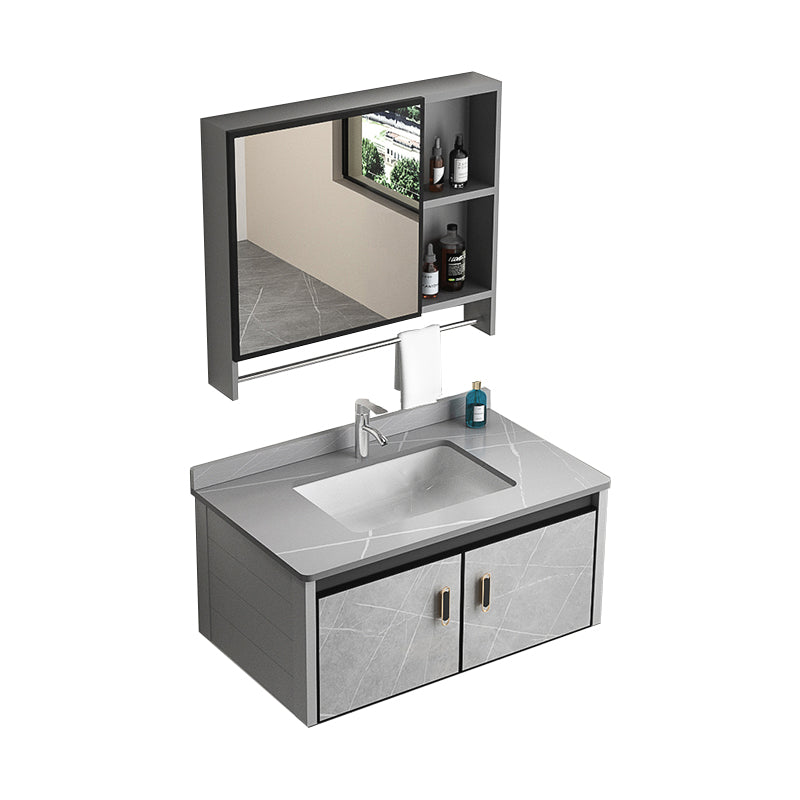 Modern Metal Sink Vanity Wood Wall Mount Faucet Included Bathroom Vanity Vanity & Faucet & Mirror Cabinet 31"L x 19"W x 16"H Gray Clearhalo 'Bathroom Remodel & Bathroom Fixtures' 'Bathroom Vanities' 'bathroom_vanities' 'Home Improvement' 'home_improvement' 'home_improvement_bathroom_vanities' 7250333