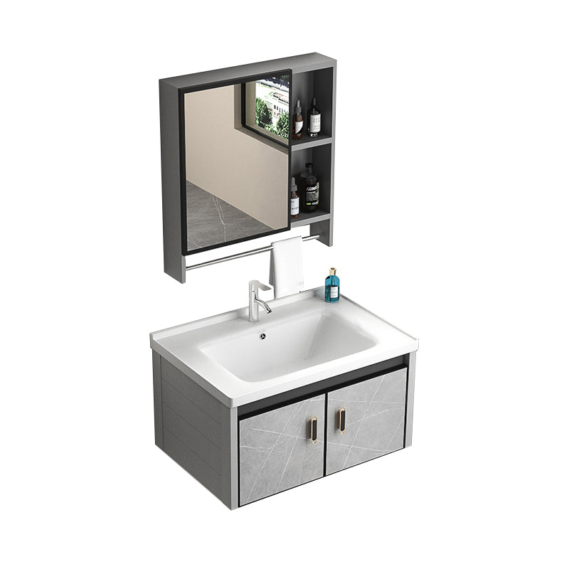 Modern Metal Sink Vanity Wood Wall Mount Faucet Included Bathroom Vanity Vanity & Faucet & Mirror Cabinet 28"L x 19"W x 16"H White Clearhalo 'Bathroom Remodel & Bathroom Fixtures' 'Bathroom Vanities' 'bathroom_vanities' 'Home Improvement' 'home_improvement' 'home_improvement_bathroom_vanities' 7250338