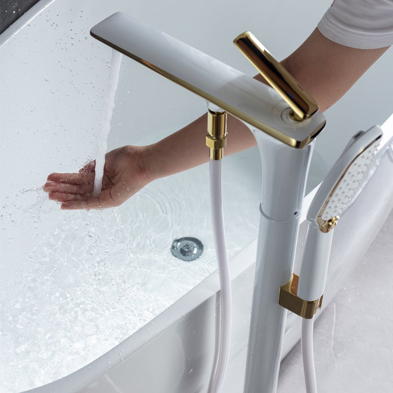 Modern Freestanding Tub Filler Trim Copper with Hand Shower Floor Mount Tub Filler Clearhalo 'Bathroom Remodel & Bathroom Fixtures' 'Bathtub Faucets' 'bathtub_faucets' 'Home Improvement' 'home_improvement' 'home_improvement_bathtub_faucets' 7254085