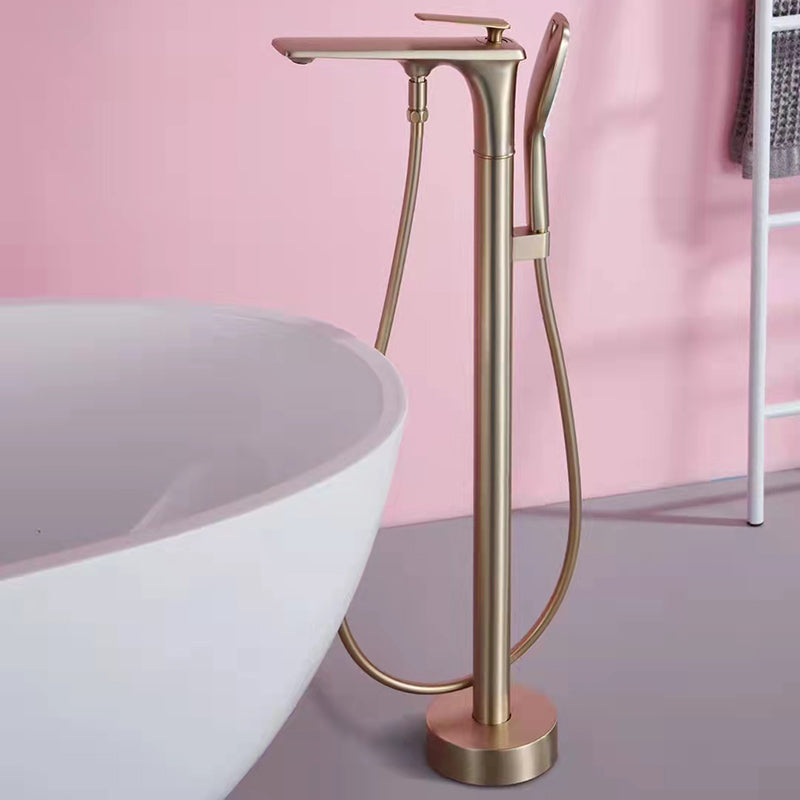 Modern Freestanding Tub Filler Trim Copper with Hand Shower Floor Mount Tub Filler Gold Gooseneck Clearhalo 'Bathroom Remodel & Bathroom Fixtures' 'Bathtub Faucets' 'bathtub_faucets' 'Home Improvement' 'home_improvement' 'home_improvement_bathtub_faucets' 7254087