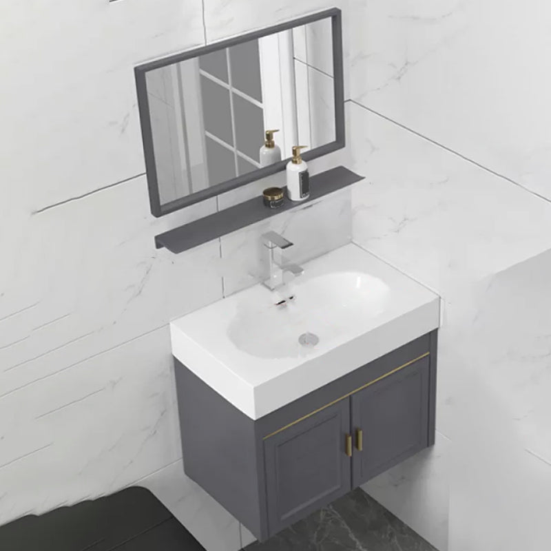 Modern Single Bath Vanity Wall Mount Ceramic Top Bathroom Vanity Vanity & Faucet & Mirrors 28"L x 15"W x 19"H Mid Clearhalo 'Bathroom Remodel & Bathroom Fixtures' 'Bathroom Vanities' 'bathroom_vanities' 'Home Improvement' 'home_improvement' 'home_improvement_bathroom_vanities' 7256307