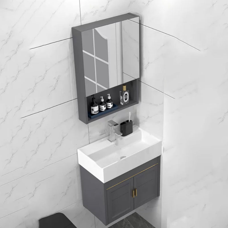 Modern Single Bath Vanity Wall Mount Ceramic Top Bathroom Vanity Vanity & Faucet & Mirror Cabinet 22"L x 13"W x 20"H Mid Clearhalo 'Bathroom Remodel & Bathroom Fixtures' 'Bathroom Vanities' 'bathroom_vanities' 'Home Improvement' 'home_improvement' 'home_improvement_bathroom_vanities' 7256321