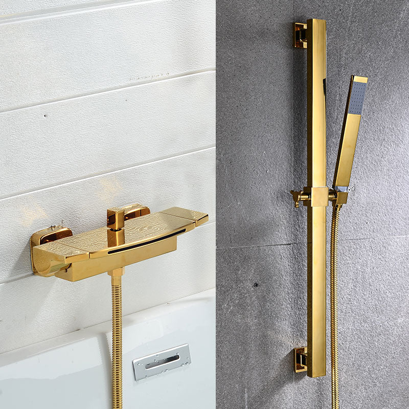 Modern Bathroom Faucet Copper Wall Mount Waterfall with Handheld Shower Tub Spouts Gold Waterfall & Lifting Risers & Handheld Shower Clearhalo 'Bathroom Remodel & Bathroom Fixtures' 'Bathtub Faucets' 'bathtub_faucets' 'Home Improvement' 'home_improvement' 'home_improvement_bathtub_faucets' 7260853