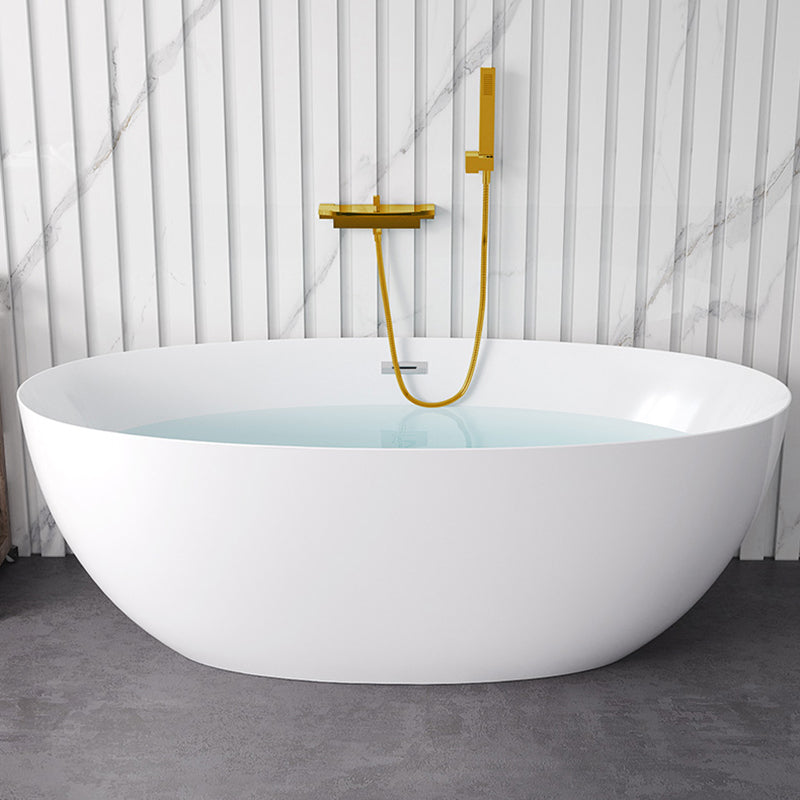 Oval Stand Alone Bath Acrylic Soaking White Modern Back to Wall Bathtub Gold Tub with Wall Mounted Faucets Clearhalo 'Bathroom Remodel & Bathroom Fixtures' 'Bathtubs' 'Home Improvement' 'home_improvement' 'home_improvement_bathtubs' 'Showers & Bathtubs' 7271986