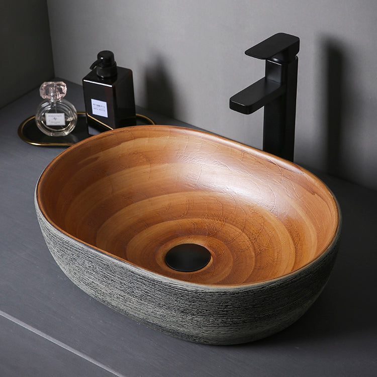 Brown Oval-shape Trough Bathroom Sink Modern Trough Bathroom Sink 19"L x 14"W x 5"H Sink with Faucet Clearhalo 'Bathroom Remodel & Bathroom Fixtures' 'Bathroom Sinks & Faucet Components' 'Bathroom Sinks' 'bathroom_sink' 'Home Improvement' 'home_improvement' 'home_improvement_bathroom_sink' 7274566