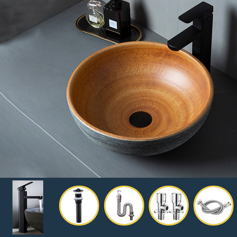 Brown Oval-shape Trough Bathroom Sink Modern Trough Bathroom Sink 16"L x 16"W x 6"H Sink with Faucet Clearhalo 'Bathroom Remodel & Bathroom Fixtures' 'Bathroom Sinks & Faucet Components' 'Bathroom Sinks' 'bathroom_sink' 'Home Improvement' 'home_improvement' 'home_improvement_bathroom_sink' 7274569