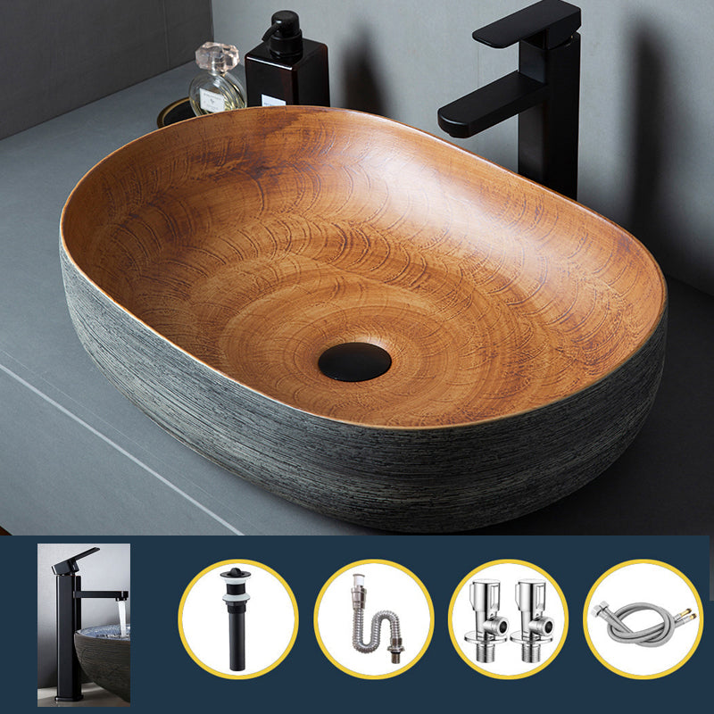 Brown Oval-shape Trough Bathroom Sink Modern Trough Bathroom Sink 23.6"L x 15.7"W x 5.9"H Sink with Faucet Clearhalo 'Bathroom Remodel & Bathroom Fixtures' 'Bathroom Sinks & Faucet Components' 'Bathroom Sinks' 'bathroom_sink' 'Home Improvement' 'home_improvement' 'home_improvement_bathroom_sink' 7274570