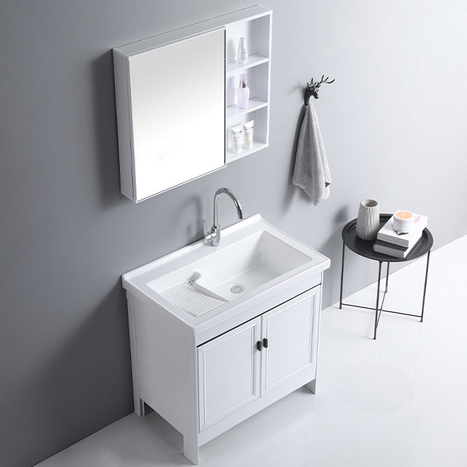 Rectangular White Vanity Freestanding Mirror Metal Frame Vanity with Soft Close Doors Clearhalo 'Bathroom Remodel & Bathroom Fixtures' 'Bathroom Vanities' 'bathroom_vanities' 'Home Improvement' 'home_improvement' 'home_improvement_bathroom_vanities' 7276583