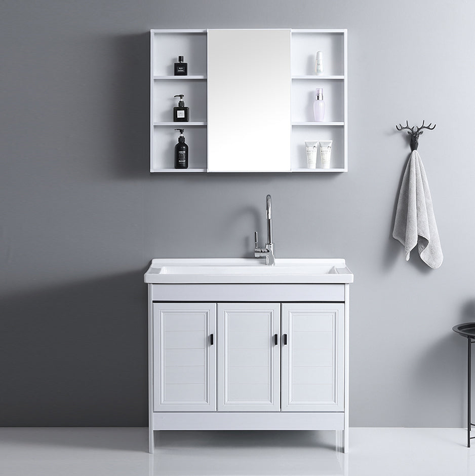 Rectangular White Vanity Freestanding Mirror Metal Frame Vanity with Soft Close Doors Clearhalo 'Bathroom Remodel & Bathroom Fixtures' 'Bathroom Vanities' 'bathroom_vanities' 'Home Improvement' 'home_improvement' 'home_improvement_bathroom_vanities' 7276586
