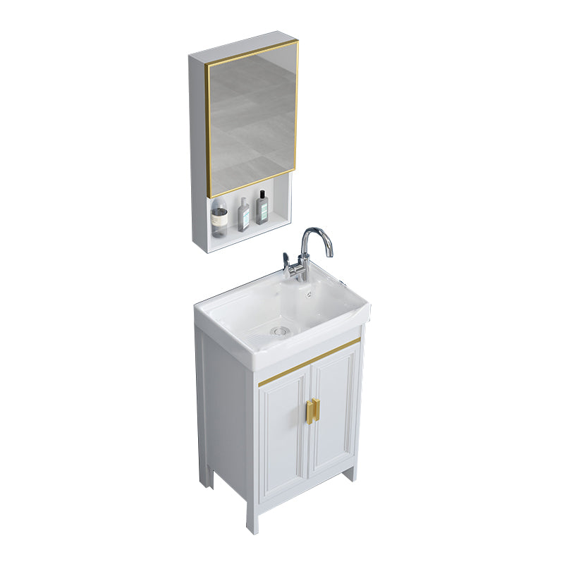 Freestanding Vanity Single Sink Metal Frame Rectangular White Mirror Vanity with Doors Vanity & Faucet & Mirror Cabinet 20"L x 14"W x 32"H Clearhalo 'Bathroom Remodel & Bathroom Fixtures' 'Bathroom Vanities' 'bathroom_vanities' 'Home Improvement' 'home_improvement' 'home_improvement_bathroom_vanities' 7276719