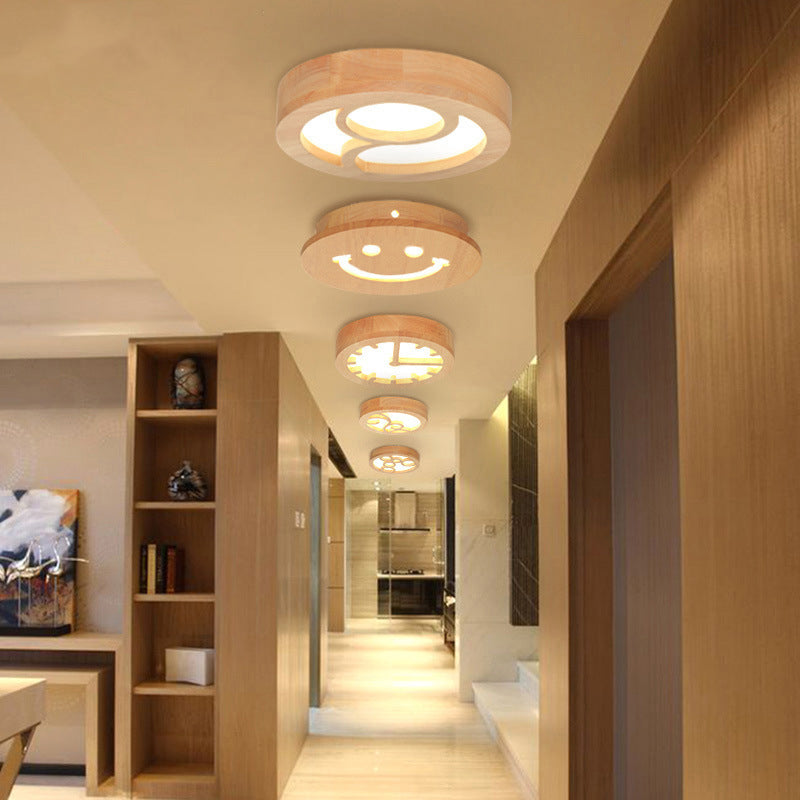 Drum Shape LED Flush Ceiling Light Japanese Style Wooden Ceiling Lamp in Beige for Hallway Porch Clearhalo 'Ceiling Lights' 'Close To Ceiling Lights' 'Close to ceiling' 'Semi-flushmount' Lighting' 72768