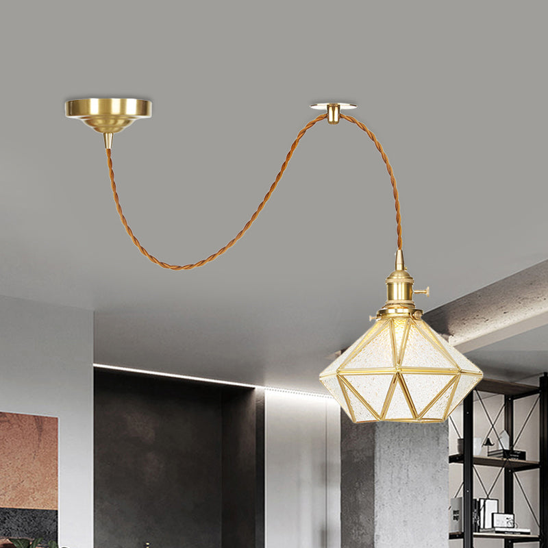 1 Head Pendant Light Traditional Bedside Suspension Lamp with Diamond Clear Water Glass Shade in Gold Clearhalo 'Ceiling Lights' 'Glass shade' 'Glass' 'Pendant Lights' 'Pendants' Lighting' 727799