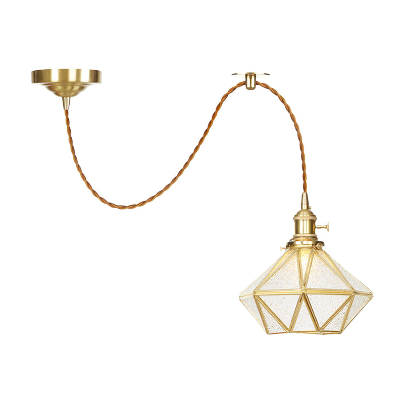 1 Head Pendant Light Traditional Bedside Suspension Lamp with Diamond Clear Water Glass Shade in Gold Clearhalo 'Ceiling Lights' 'Glass shade' 'Glass' 'Pendant Lights' 'Pendants' Lighting' 727801