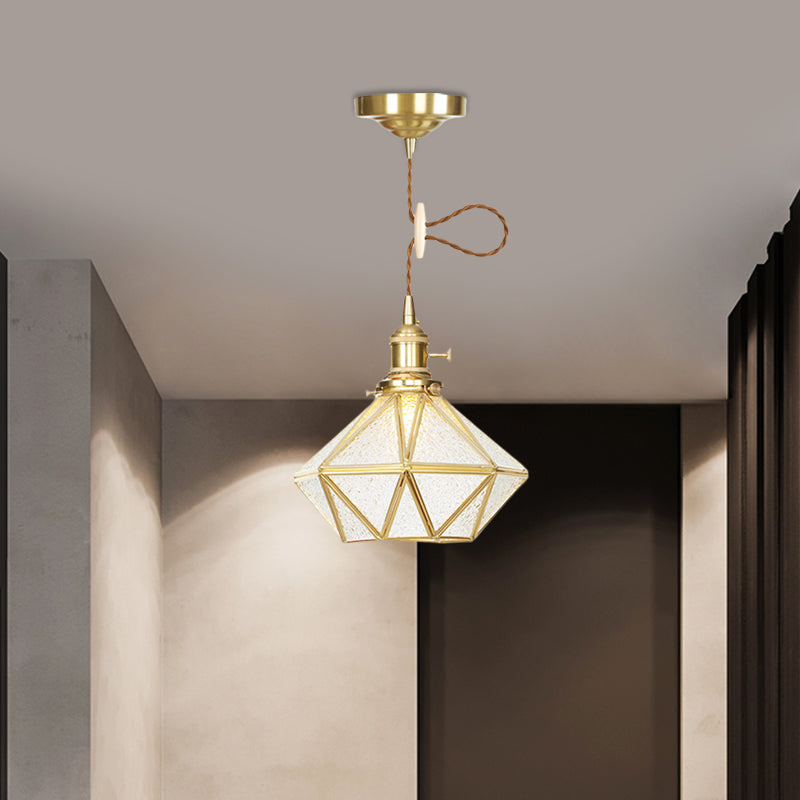 1 Head Pendant Light Traditional Bedside Suspension Lamp with Diamond Clear Water Glass Shade in Gold Clearhalo 'Ceiling Lights' 'Glass shade' 'Glass' 'Pendant Lights' 'Pendants' Lighting' 727805