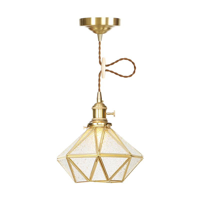 1 Head Pendant Light Traditional Bedside Suspension Lamp with Diamond Clear Water Glass Shade in Gold Clearhalo 'Ceiling Lights' 'Glass shade' 'Glass' 'Pendant Lights' 'Pendants' Lighting' 727806