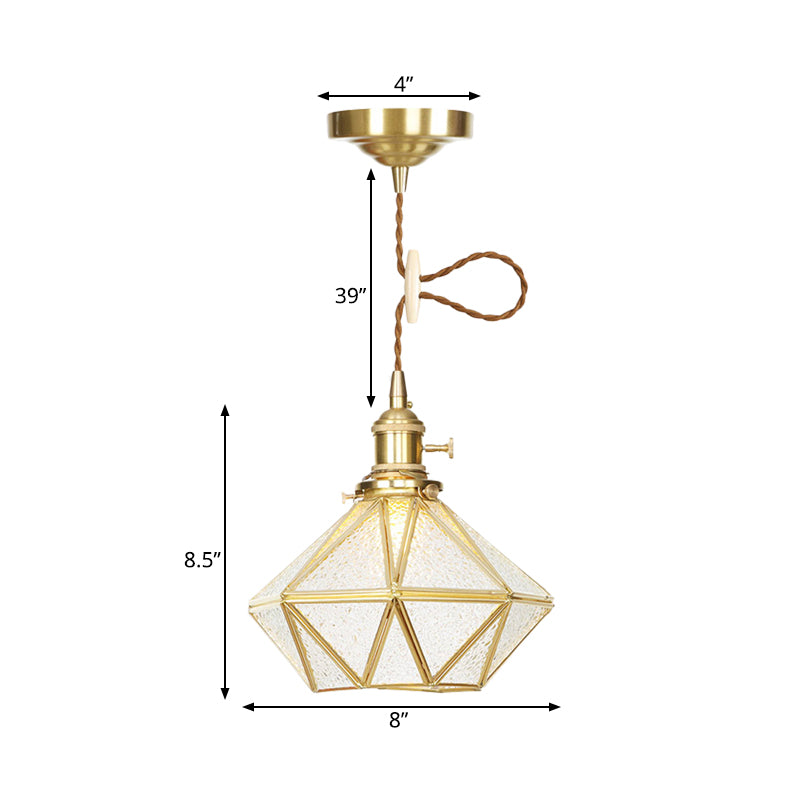 1 Head Pendant Light Traditional Bedside Suspension Lamp with Diamond Clear Water Glass Shade in Gold Clearhalo 'Ceiling Lights' 'Glass shade' 'Glass' 'Pendant Lights' 'Pendants' Lighting' 727807