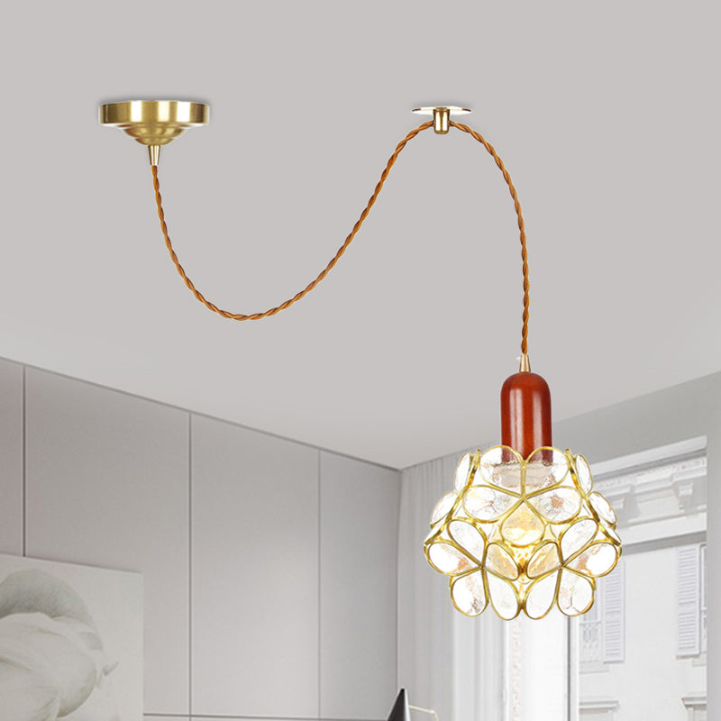 Flower Clear Water Glass Pendant Traditional 1 Bulb Bedroom Ceiling Suspension Lamp in Gold with Wood Top Gold B Clearhalo 'Ceiling Lights' 'Glass shade' 'Glass' 'Pendant Lights' 'Pendants' Lighting' 727808