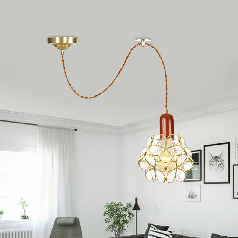 Flower Clear Water Glass Pendant Traditional 1 Bulb Bedroom Ceiling Suspension Lamp in Gold with Wood Top Clearhalo 'Ceiling Lights' 'Glass shade' 'Glass' 'Pendant Lights' 'Pendants' Lighting' 727809
