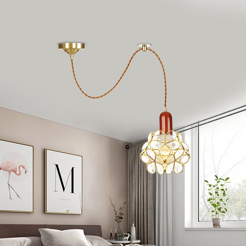 Flower Clear Water Glass Pendant Traditional 1 Bulb Bedroom Ceiling Suspension Lamp in Gold with Wood Top Clearhalo 'Ceiling Lights' 'Glass shade' 'Glass' 'Pendant Lights' 'Pendants' Lighting' 727810