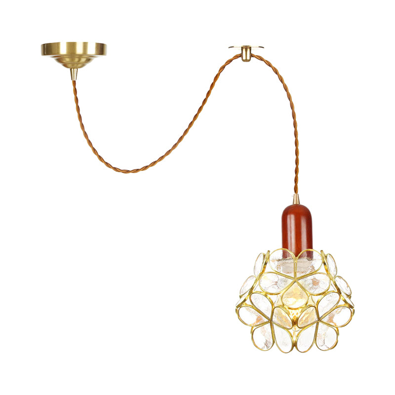 Flower Clear Water Glass Pendant Traditional 1 Bulb Bedroom Ceiling Suspension Lamp in Gold with Wood Top Clearhalo 'Ceiling Lights' 'Glass shade' 'Glass' 'Pendant Lights' 'Pendants' Lighting' 727811