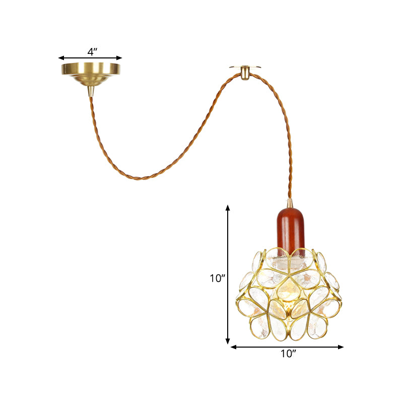 Flower Clear Water Glass Pendant Traditional 1 Bulb Bedroom Ceiling Suspension Lamp in Gold with Wood Top Clearhalo 'Ceiling Lights' 'Glass shade' 'Glass' 'Pendant Lights' 'Pendants' Lighting' 727812