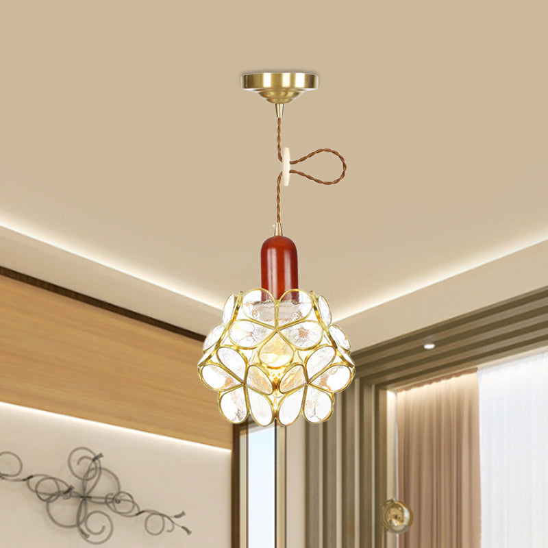 Flower Clear Water Glass Pendant Traditional 1 Bulb Bedroom Ceiling Suspension Lamp in Gold with Wood Top Gold A Clearhalo 'Ceiling Lights' 'Glass shade' 'Glass' 'Pendant Lights' 'Pendants' Lighting' 727813