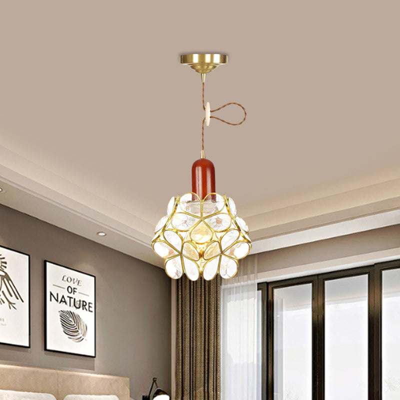 Flower Clear Water Glass Pendant Traditional 1 Bulb Bedroom Ceiling Suspension Lamp in Gold with Wood Top Clearhalo 'Ceiling Lights' 'Glass shade' 'Glass' 'Pendant Lights' 'Pendants' Lighting' 727814