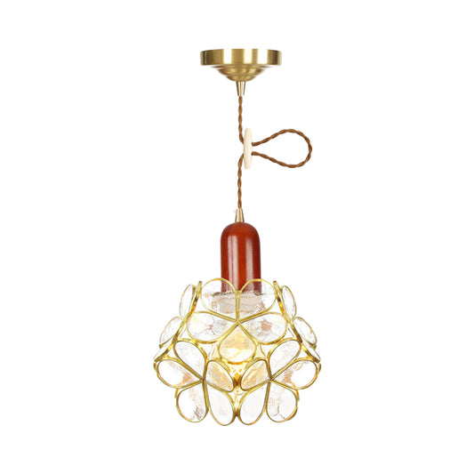 Flower Clear Water Glass Pendant Traditional 1 Bulb Bedroom Ceiling Suspension Lamp in Gold with Wood Top Clearhalo 'Ceiling Lights' 'Glass shade' 'Glass' 'Pendant Lights' 'Pendants' Lighting' 727816