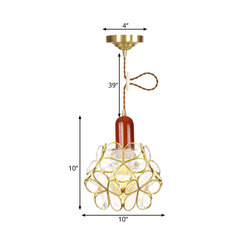 Flower Clear Water Glass Pendant Traditional 1 Bulb Bedroom Ceiling Suspension Lamp in Gold with Wood Top Clearhalo 'Ceiling Lights' 'Glass shade' 'Glass' 'Pendant Lights' 'Pendants' Lighting' 727817