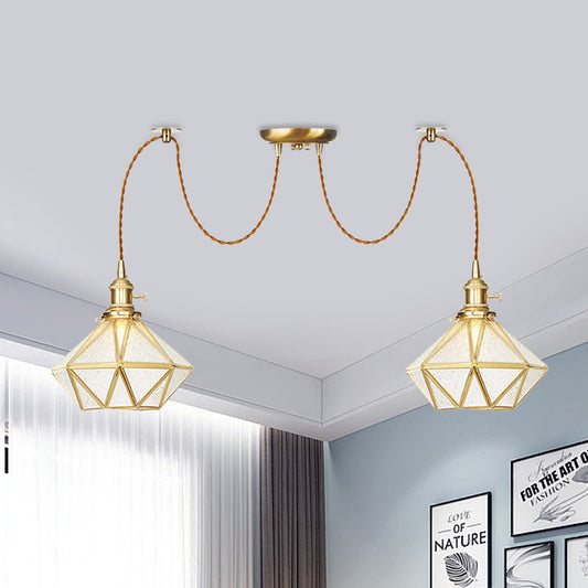 Gold 2/3/4 Heads Multiple Hanging Light Traditional Clear Water Glass Diamond Swag Pendant Lamp Fixture 2 Gold Clearhalo 'Ceiling Lights' 'Glass shade' 'Glass' 'Pendant Lights' 'Pendants' Lighting' 727818