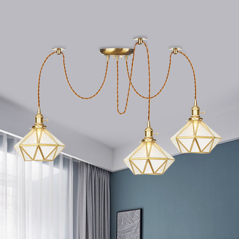 Gold 2/3/4 Heads Multiple Hanging Light Traditional Clear Water Glass Diamond Swag Pendant Lamp Fixture 3 Gold Clearhalo 'Ceiling Lights' 'Glass shade' 'Glass' 'Pendant Lights' 'Pendants' Lighting' 727823