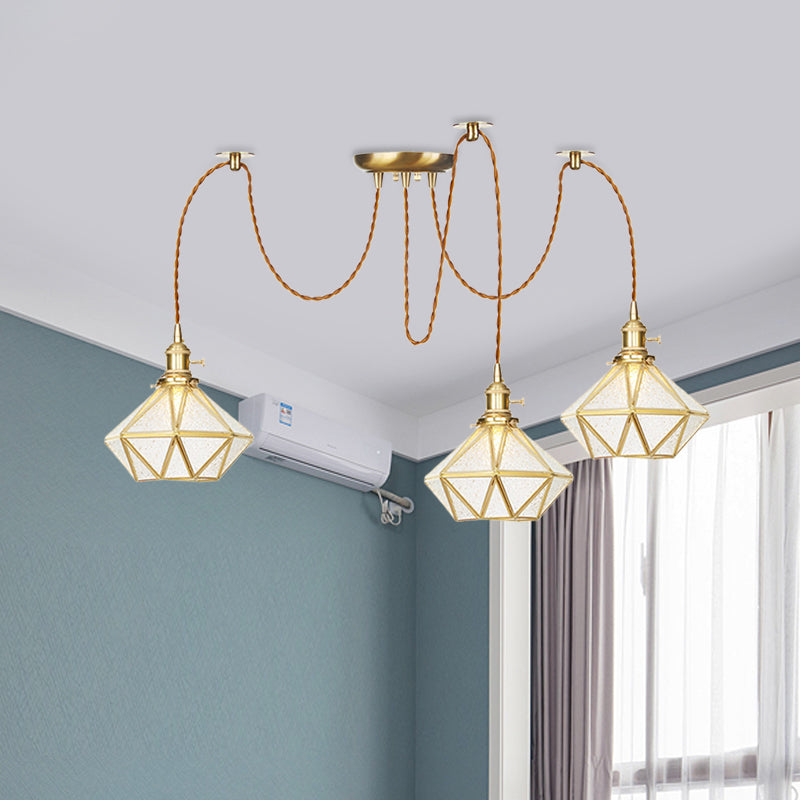 Gold 2/3/4 Heads Multiple Hanging Light Traditional Clear Water Glass Diamond Swag Pendant Lamp Fixture Clearhalo 'Ceiling Lights' 'Glass shade' 'Glass' 'Pendant Lights' 'Pendants' Lighting' 727824
