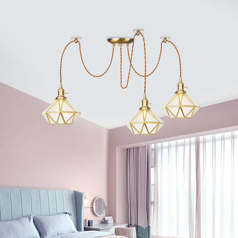 Gold 2/3/4 Heads Multiple Hanging Light Traditional Clear Water Glass Diamond Swag Pendant Lamp Fixture Clearhalo 'Ceiling Lights' 'Glass shade' 'Glass' 'Pendant Lights' 'Pendants' Lighting' 727825