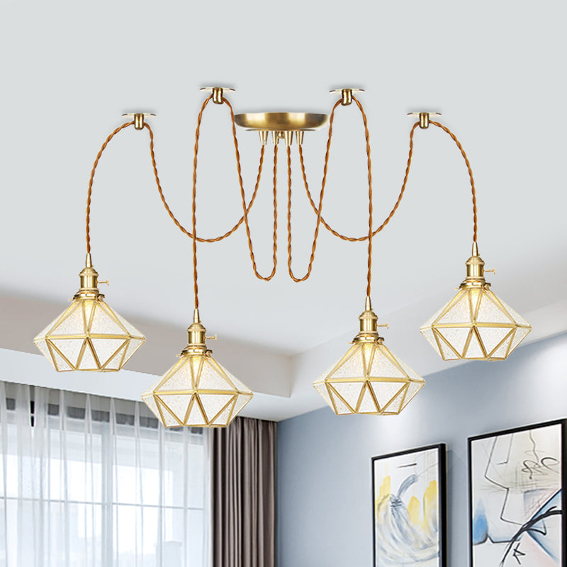 Gold 2/3/4 Heads Multiple Hanging Light Traditional Clear Water Glass Diamond Swag Pendant Lamp Fixture 4 Gold Clearhalo 'Ceiling Lights' 'Glass shade' 'Glass' 'Pendant Lights' 'Pendants' Lighting' 727828
