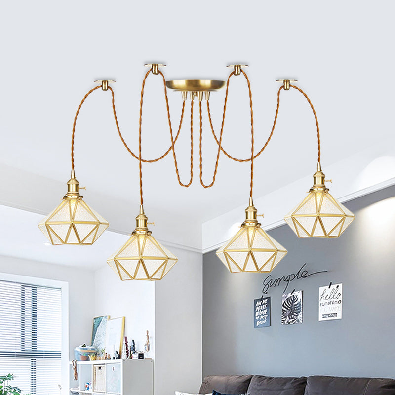 Gold 2/3/4 Heads Multiple Hanging Light Traditional Clear Water Glass Diamond Swag Pendant Lamp Fixture Clearhalo 'Ceiling Lights' 'Glass shade' 'Glass' 'Pendant Lights' 'Pendants' Lighting' 727829